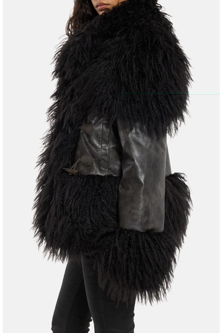 Faux Leather & Faux Fur Toggle Coat, Alternate, color, BLACK