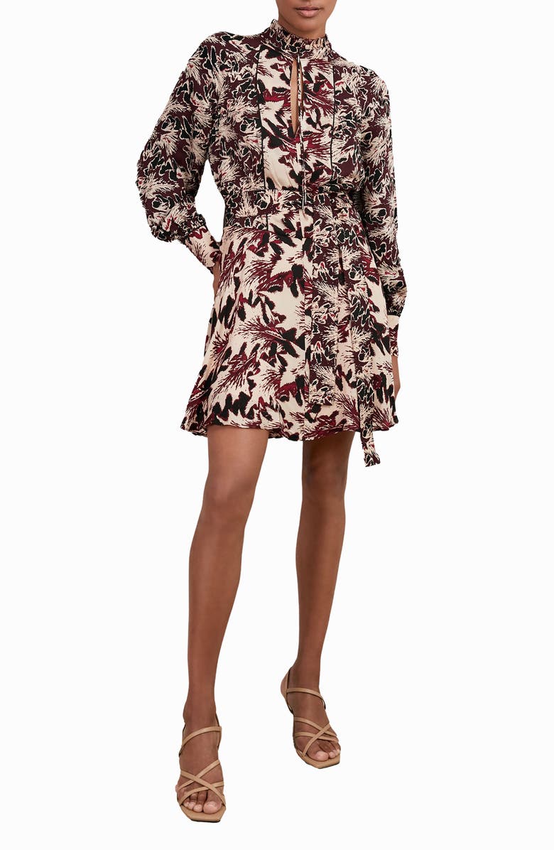 Reiss Lora Floral Print Tie Waist Dress, Alternate, color, Burgundy/ Cream