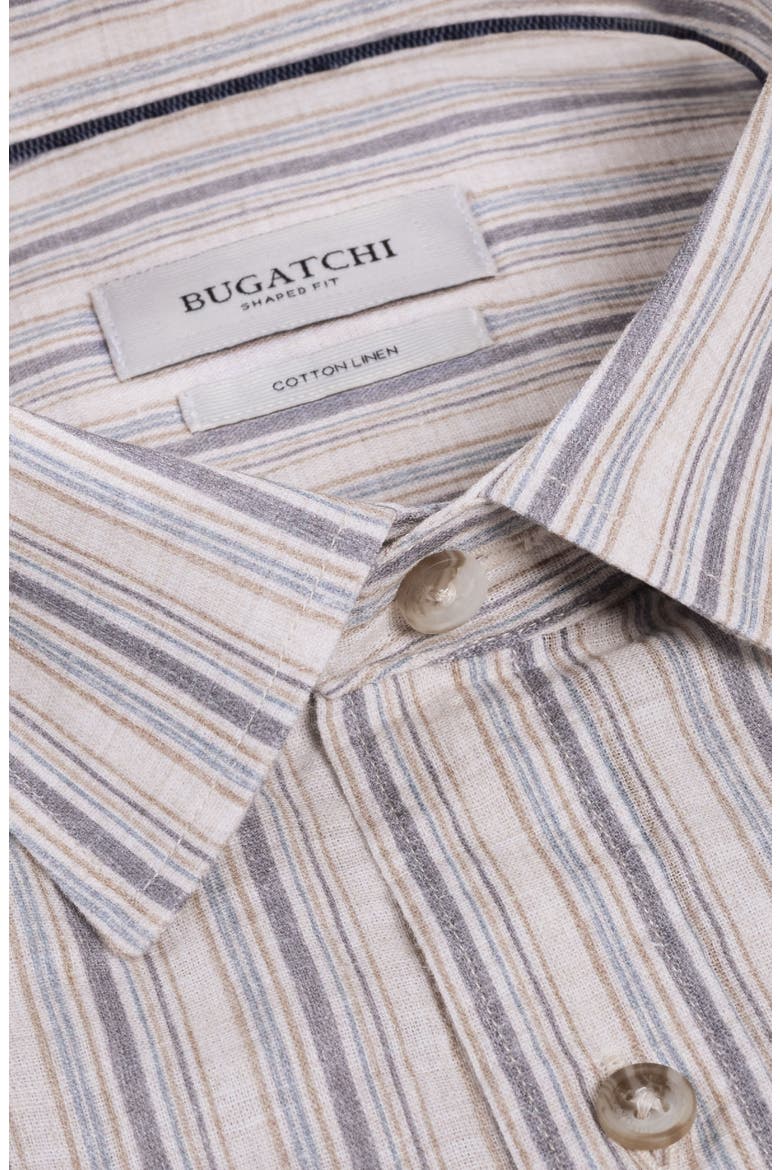 Julian Shaped Fit Stripe Cotton & Linen Button-Up Shirt, Alternate, color, CAMEL