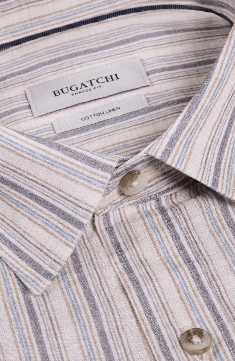 Bugatchi Julian Shaped Fit Stripe Cotton & Linen Button-Up Shirt, Alternate, color, Camel