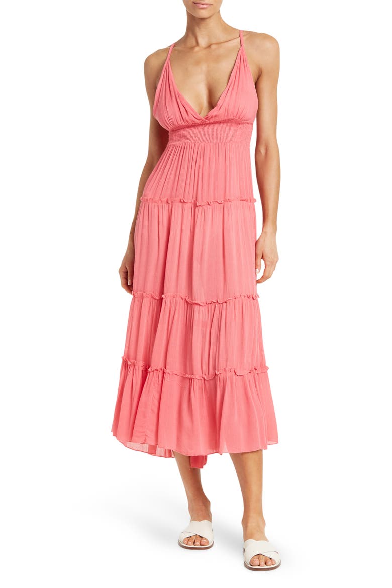 Tie Back Tiered Cover-Up Maxi Dress, Main, color, WATERMELON