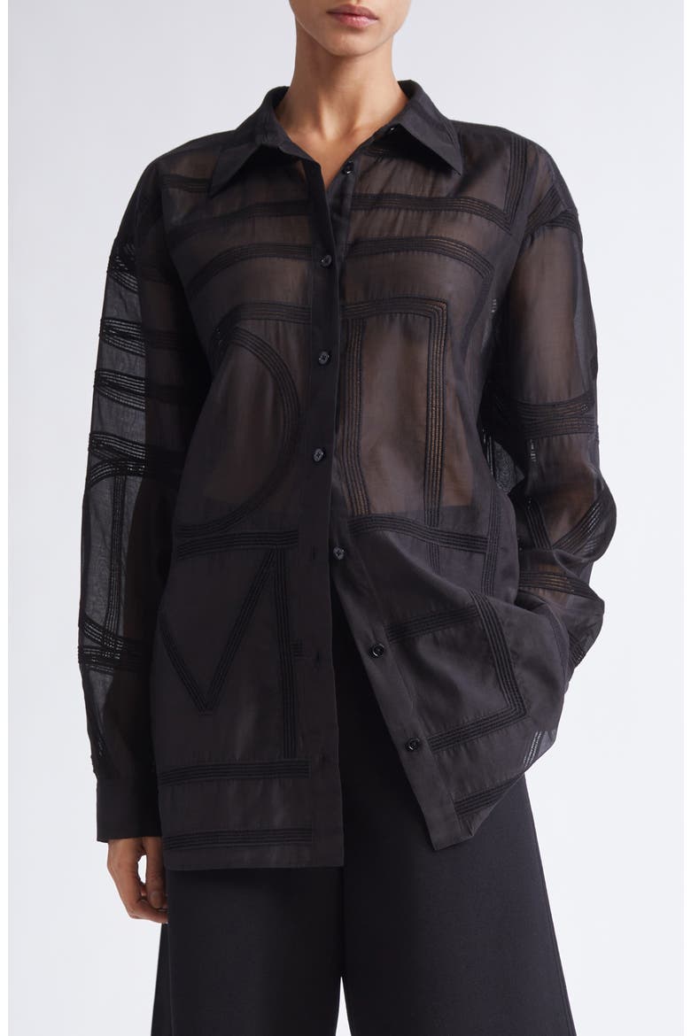 Embroidered Organic Cotton & Silk Monogram Oversize Button-Up Shirt, Main, color, BLACK