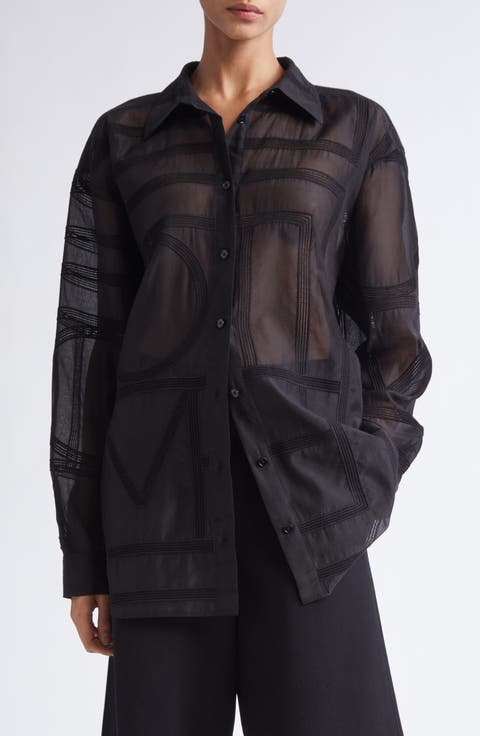 Embroidered Organic Cotton & Silk Monogram Oversize Button-Up Shirt