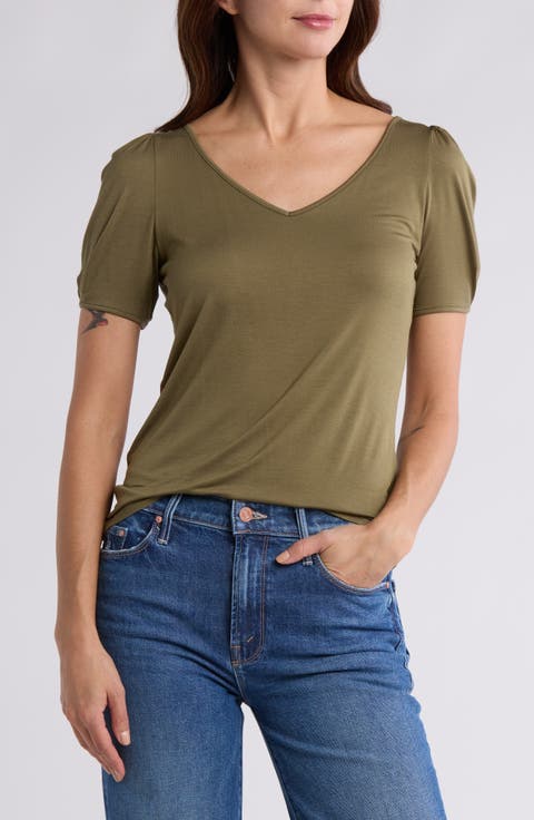 V-Neck Pleated T-Shirt