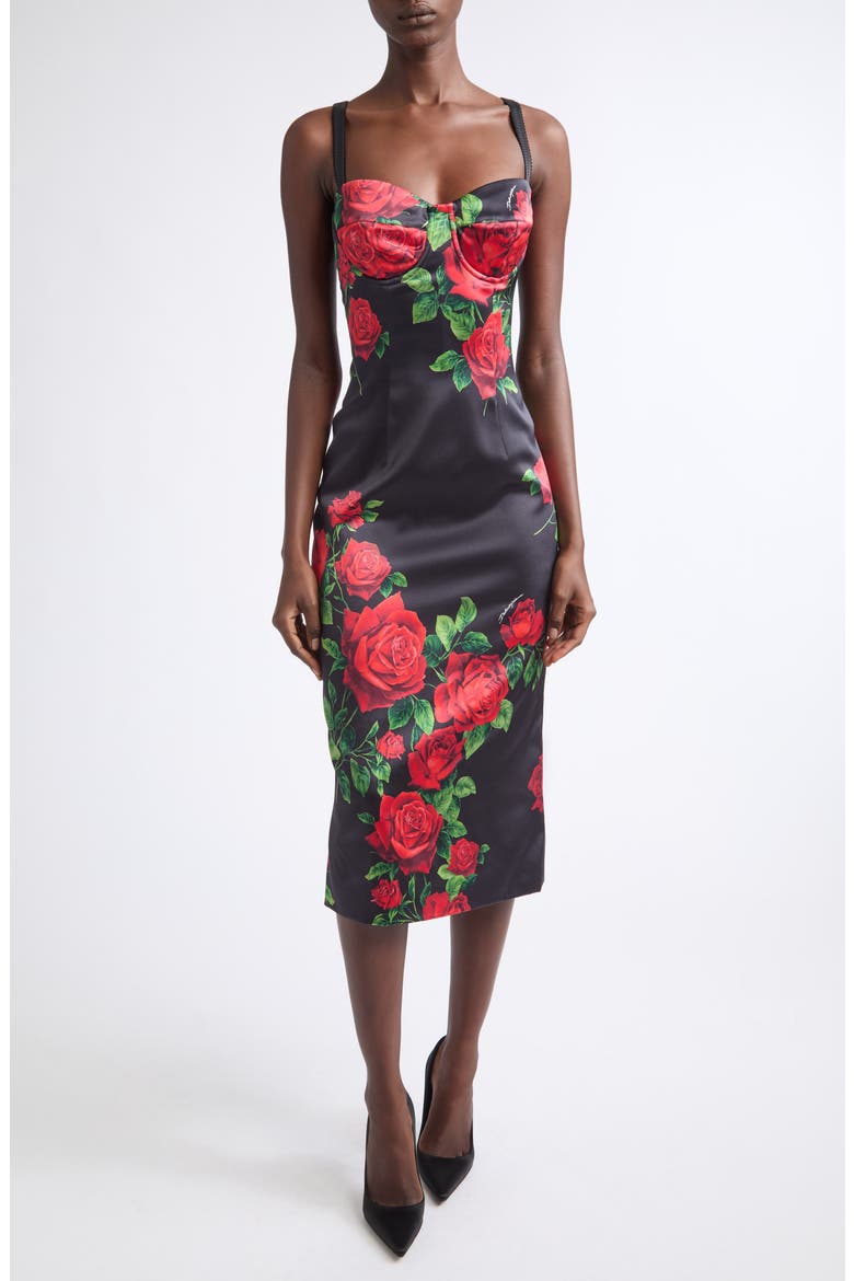 Floral Silk Satin Midi Dress, Main, color, ROSE ROSSE F.NERO
