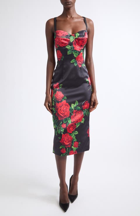 Floral Silk Satin Midi Dress