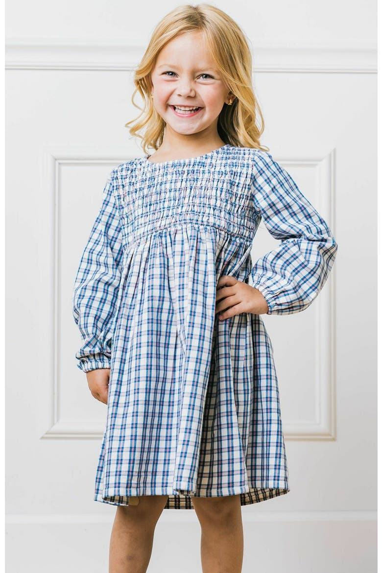 Girls' Organic Smocked Long Sleeve Dress, Kids, Alternate, color, Ivory and Blue Check