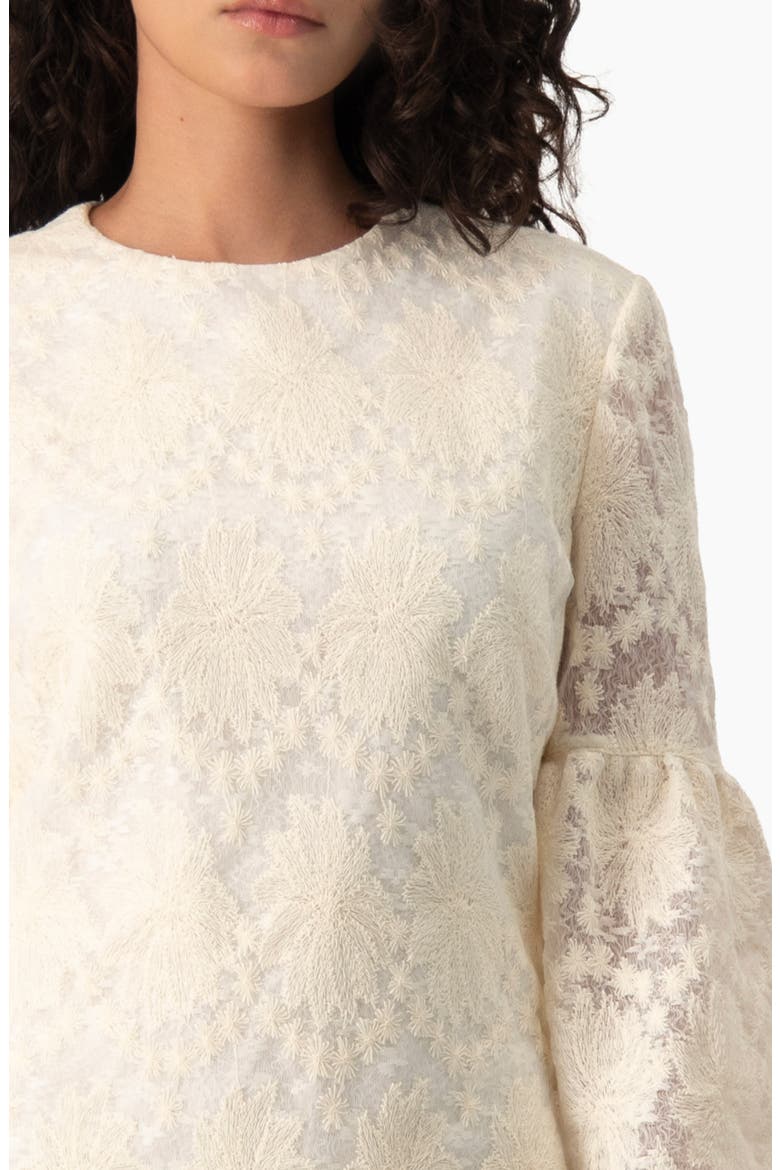 Floral Lace 3/4 Bell-Sleeve Crew-Neck Shift Mini Dress, Alternate, color, Bone
