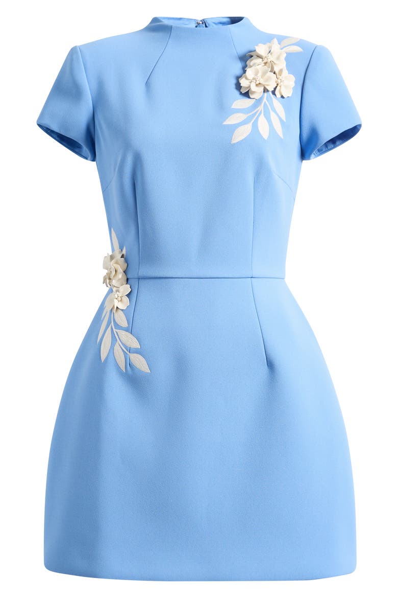 Natalia Floral Appliqué Crepe Cocktail Minidress, Alternate, color, BLUE