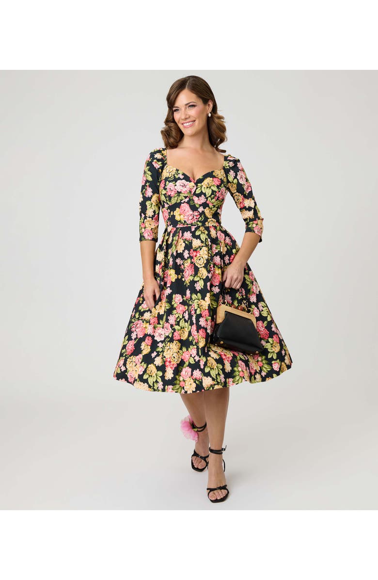 Unique Vintage Woven Sweetheart Neckline Lamar Swing Dress, Alternate, color, Black Floral Print