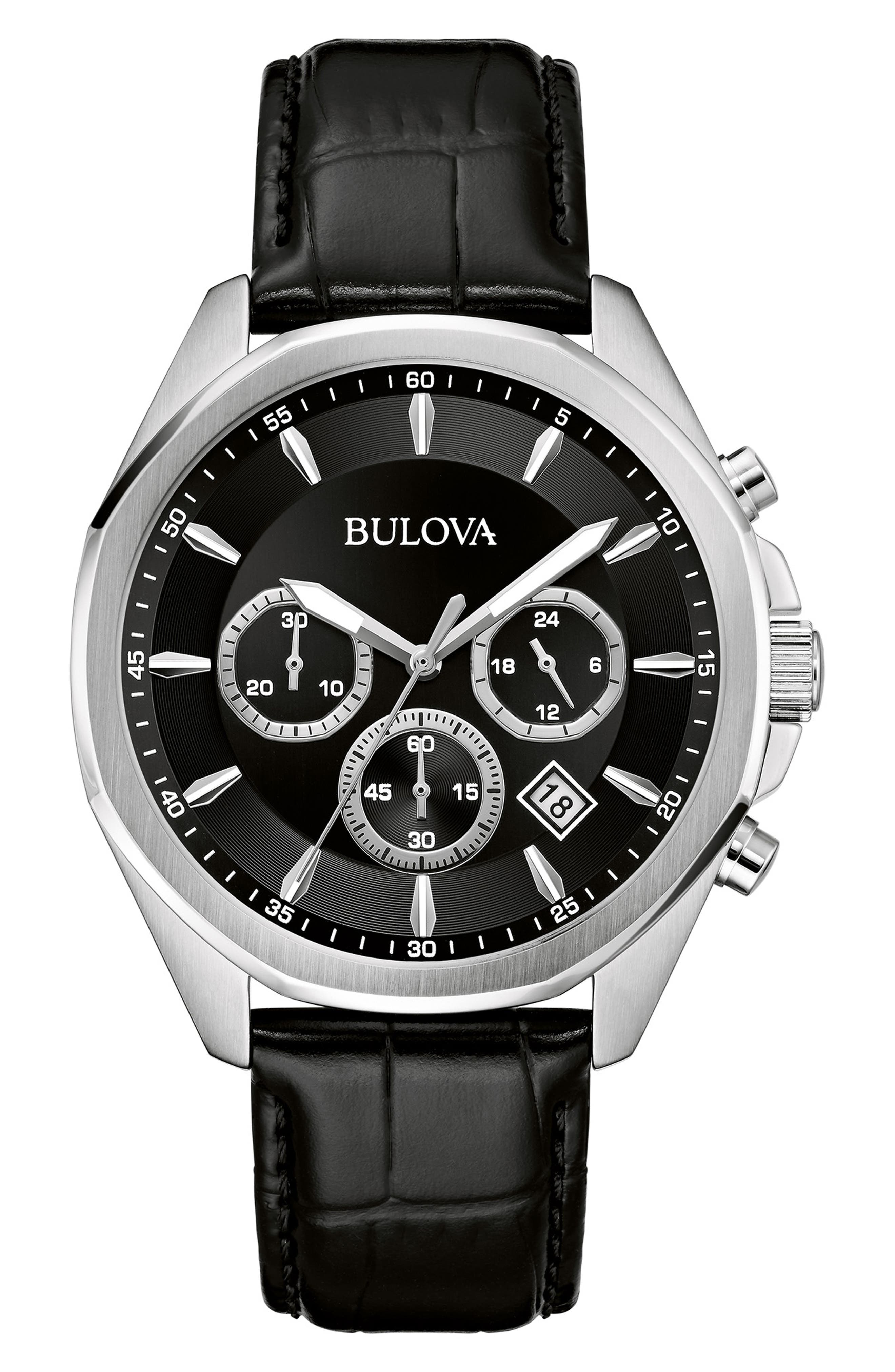 BULOVA Leather Strap Chronograph Watch, 43mm