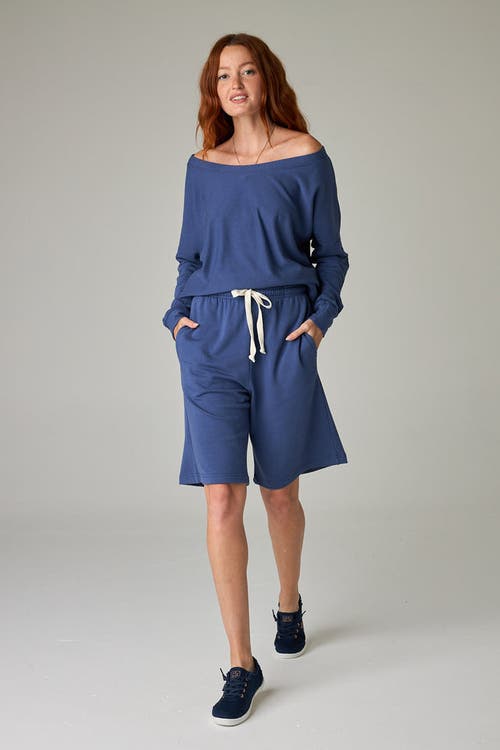 Eavolu Baikal Eco-luxe Fleece Off-shoulder Crop Top In Blue