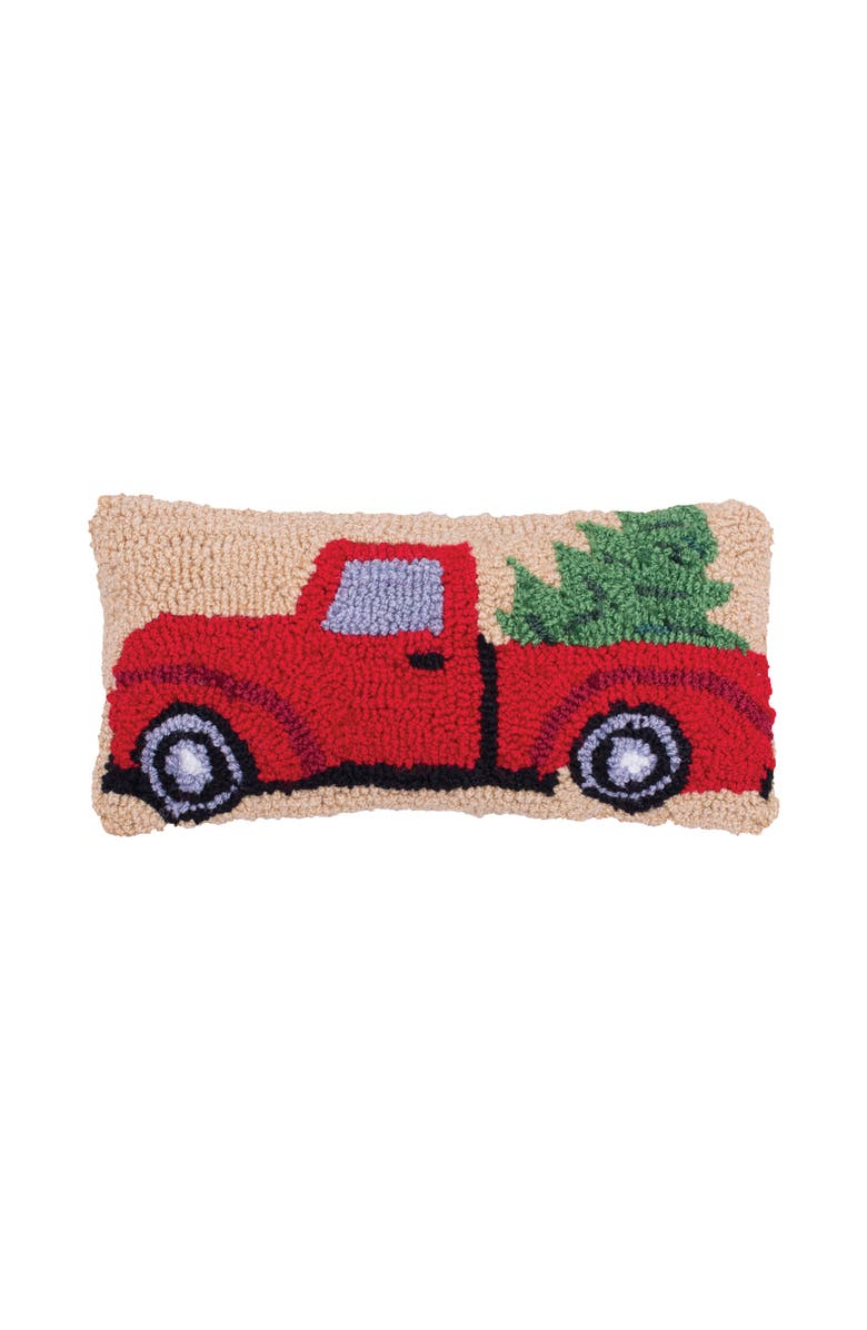 C&F Home Red Truck w/ Christmas Tree Hooked Petite/Small Accent Pillow, 6" x 12", Main, color,