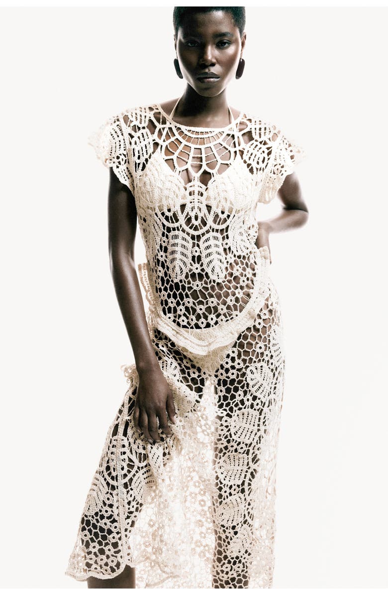 H&M Flutter-sleeved Crochet-look Dress, Alternate, color, Cream