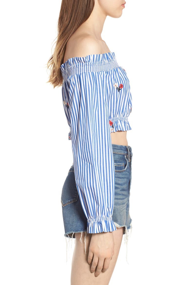 Chloe + Katie Embroidered Off the Shoulder Crop Top, Alternate, color, BLUE/ WHITE STRIPE