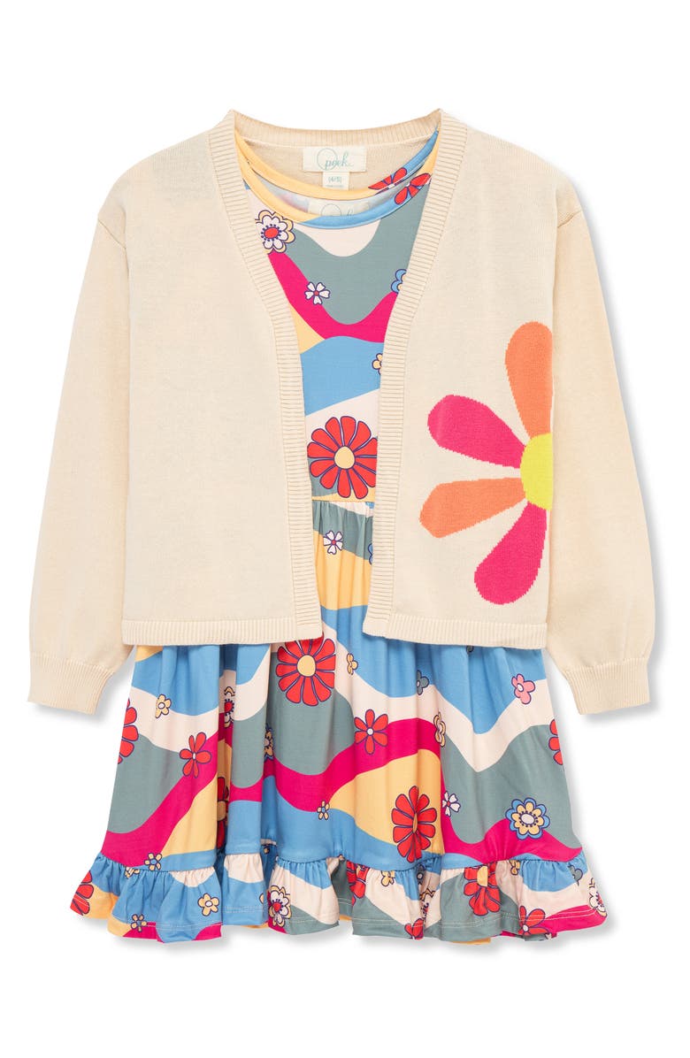 Peek Aren't You Curious Kids' Groovy Floral Dress & Daisy Cardigan Set, Main, color,