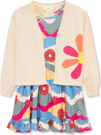 Kids' Groovy Floral Dress & Daisy Cardigan Set