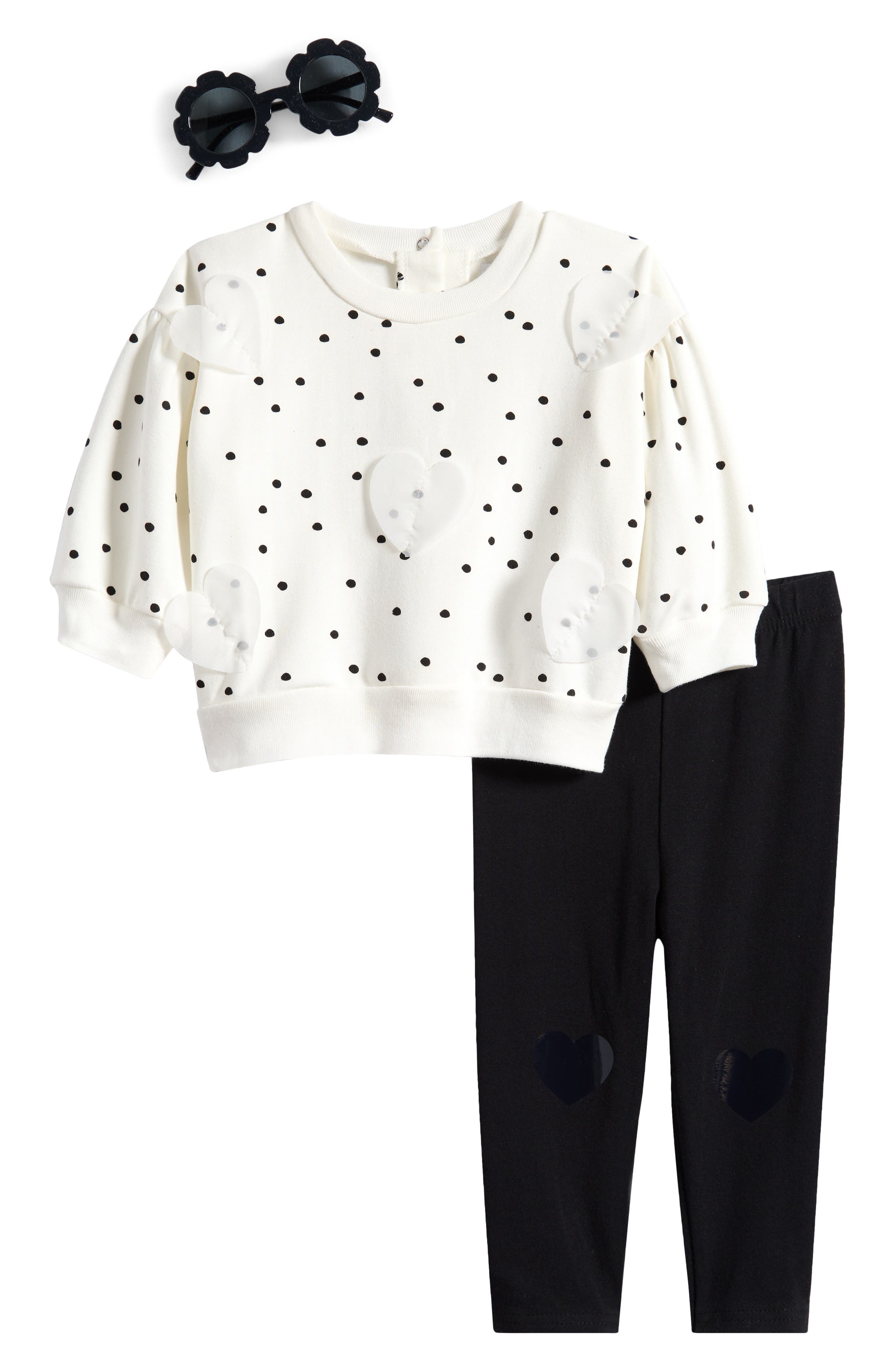 Rachel Zoe Heart Appliqué Polka Dot French Terry Sweatshirt, Leggings & Sunglasses Set