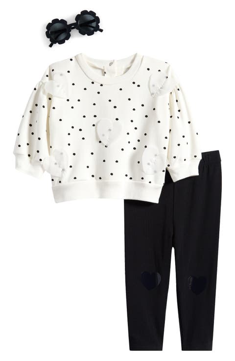 Heart Appliqué Polka Dot French Terry Sweatshirt, Leggings & Sunglasses Set (Baby)