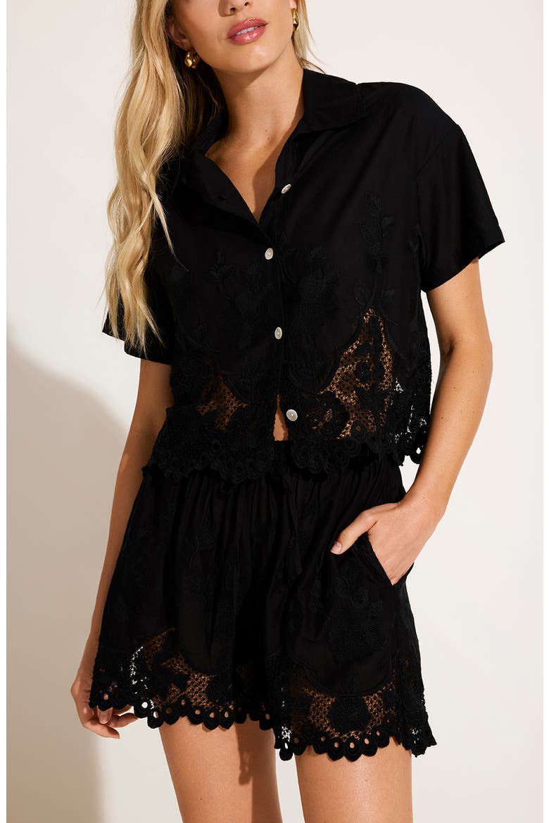 Flora Broderie Anglaise Cover-Up Shorts, Alternate, color, BLACK