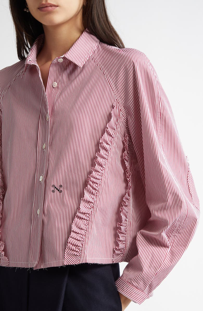 NACKIYÈ Ruffle Cotton Button-Up Shirt, Alternate, color, Burgundy Stripe