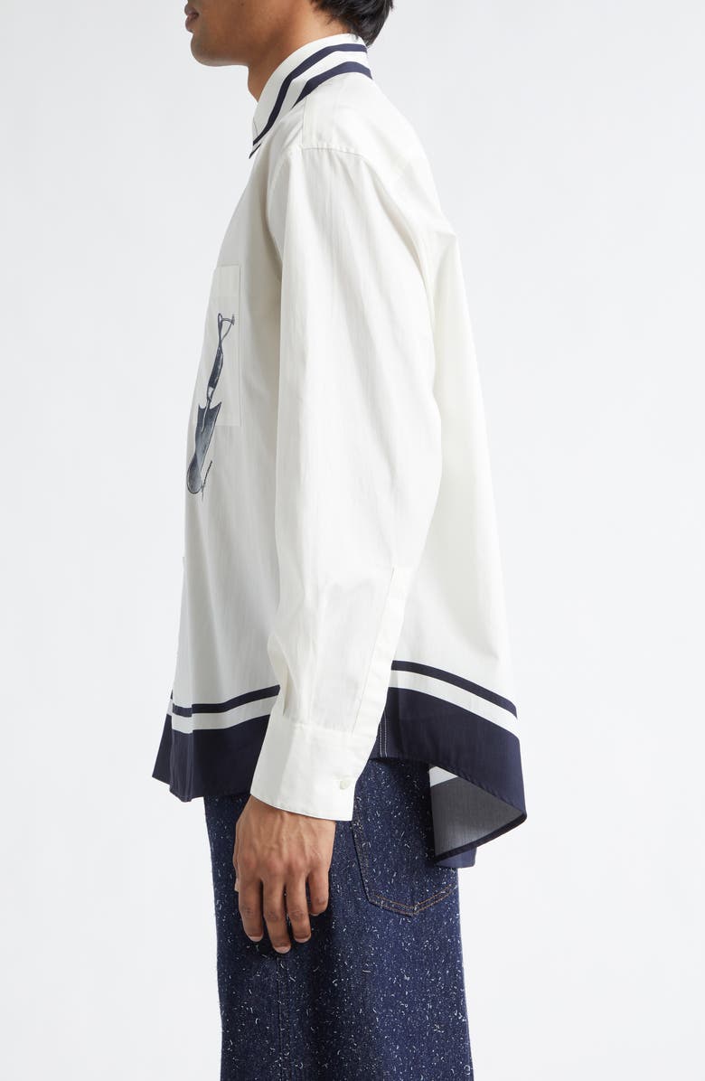 Jacquemus La Chemise Camargue Cotton Button-Up Shirt, Alternate, color, Blue Shovel Placement Print