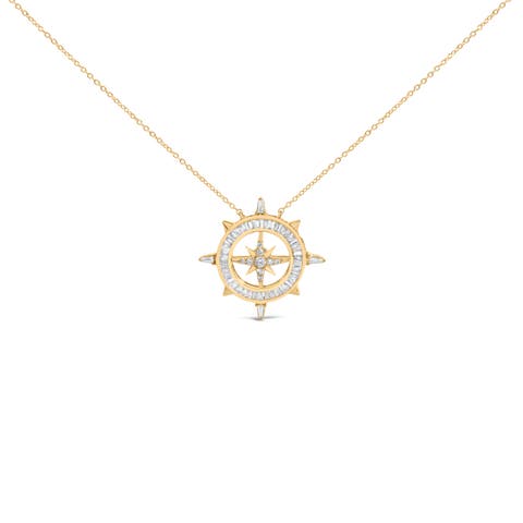 14K Yellow Gold Plated Sterling Silver 1.0 Cttw Diamond Compass Pendant Necklace