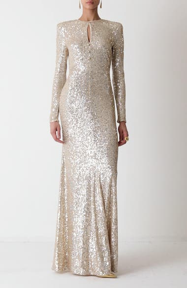 ST. JOHN Long Sleeve Sequin Stretch Knit Gown | Nordstrom