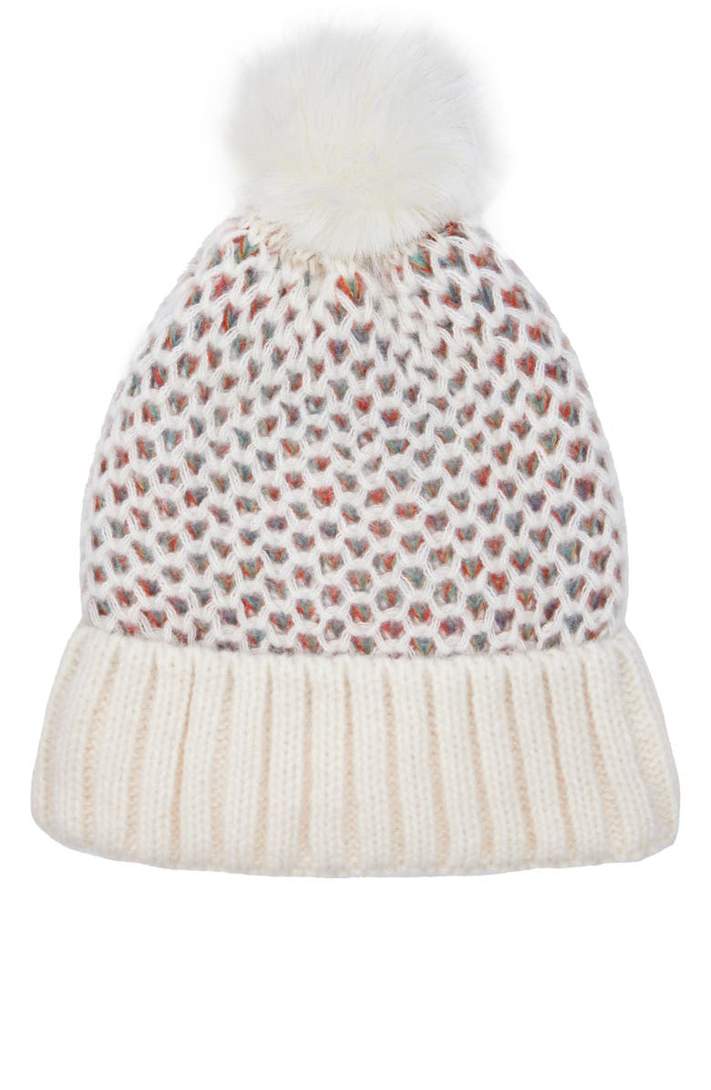 SAACHI Faux Fur Pom Rainbow Patterned Knit Beanie, Main, color,