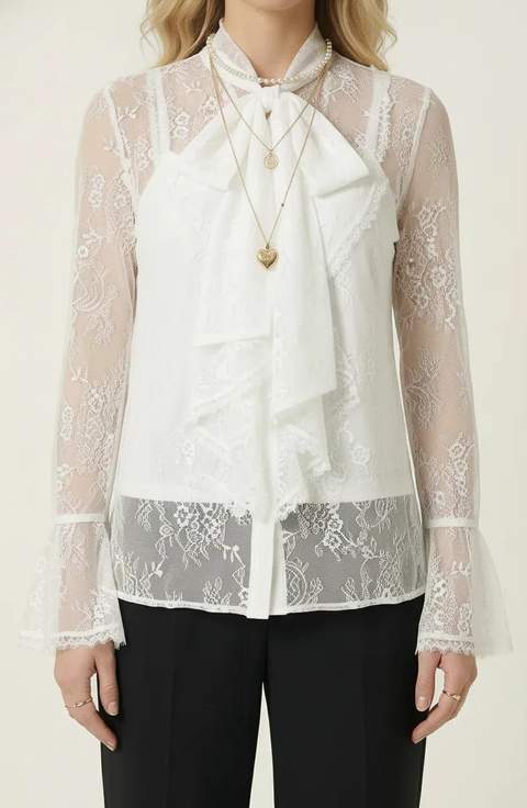 Sheer Lace Bow Tie Neck Ruffle Front Detail Blouse