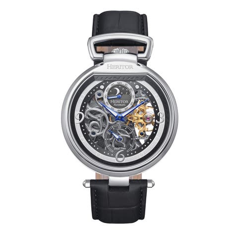 Lincoln Leather-Band Skeleton Watch with Moon Phase