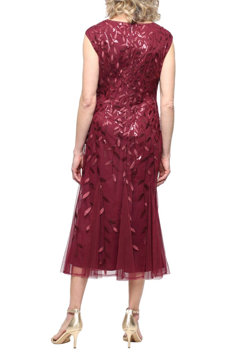 Sequin Leaf Embroidery Cocktail Midi Dress, Alternate, color, WINE