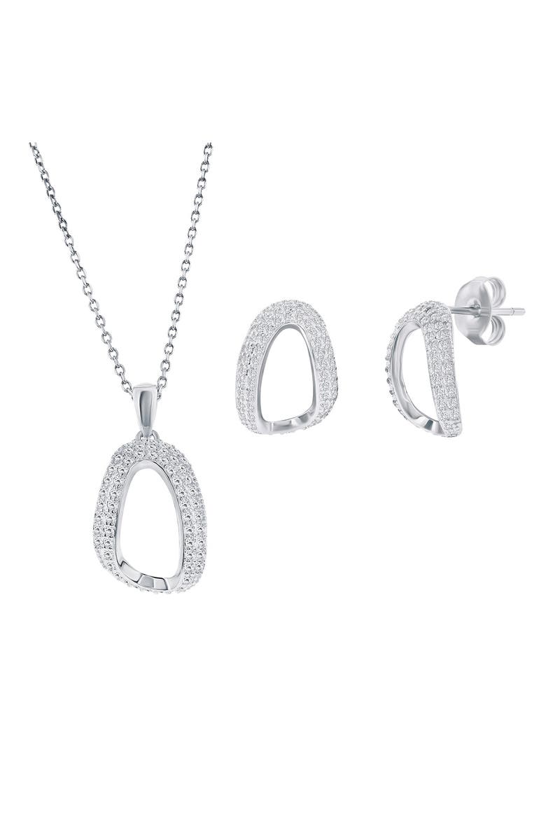 Pavé Cubic Zirconia Oval Stud Earrings & Pendant Necklace Set, Main, color, SILVER