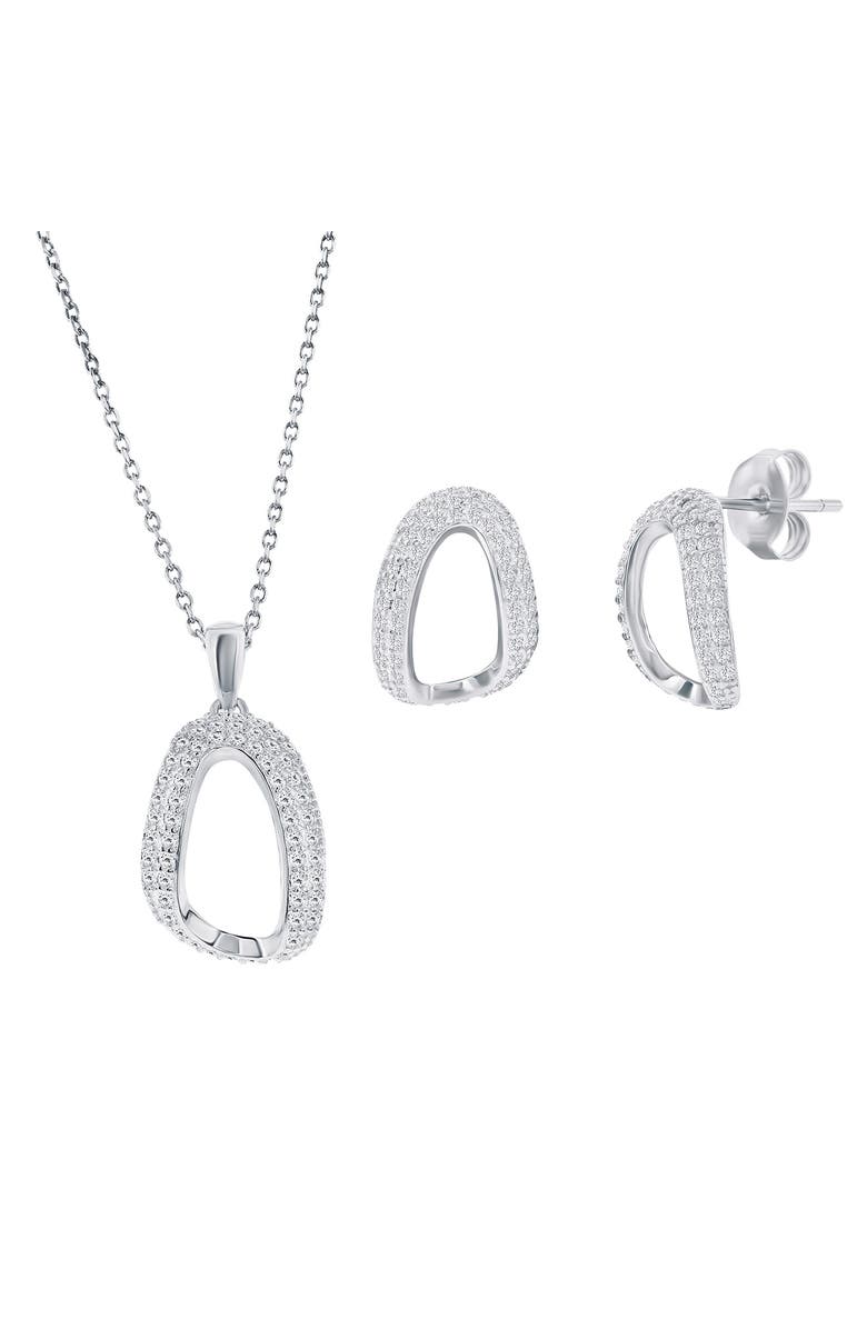 SIMONA Pavé Cubic Zirconia Oval Stud Earrings & Pendant Necklace Set, Main, color, Silver