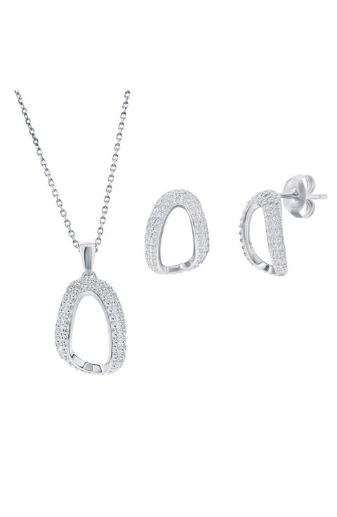 Pavé Cubic Zirconia Oval Stud Earrings & Pendant Necklace Set