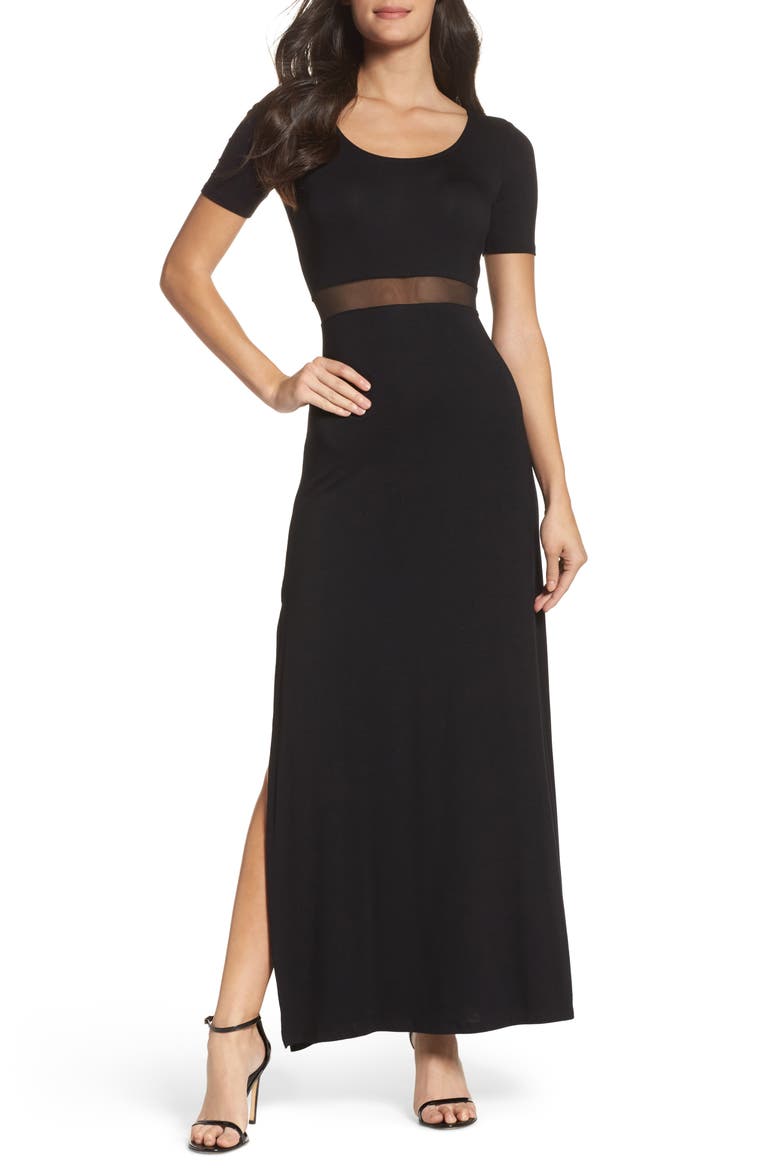 Mesh Inset Maxi Dress, Main, color, BLACK