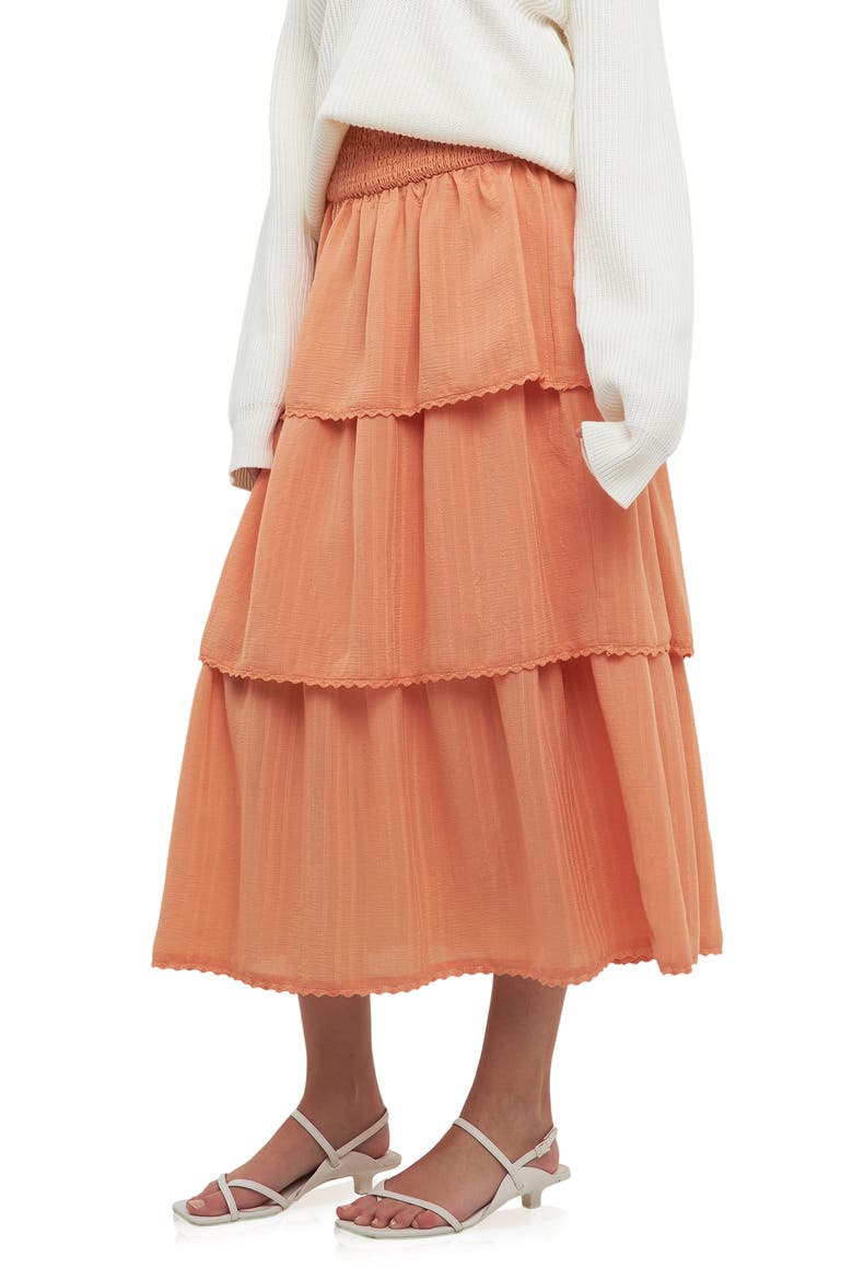 Smock Waist Tiered Ruffle Skirt, Alternate, color, TANGERINE