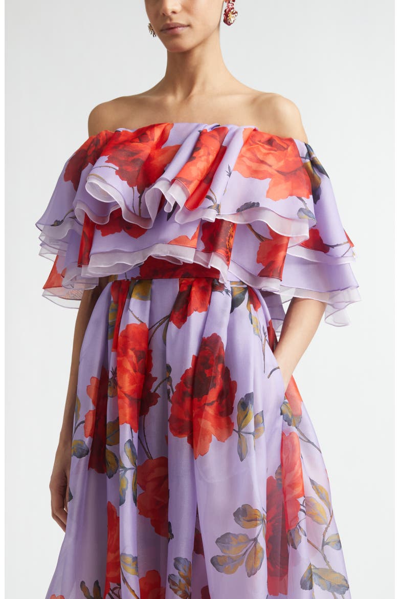 Rose Print Off the Shoulder Silk Organza Midi Dress, Alternate, color, VIOLETA MULTI