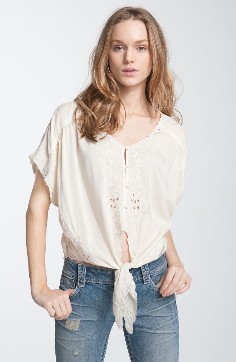 All in Favor Tie Front Embroidered Cutout Top, Main, color,