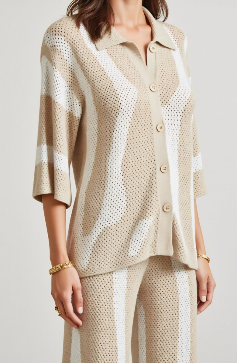 Modenaire Striped Knit Button-Front Top and Wide-Leg Pants Set, Alternate, color,