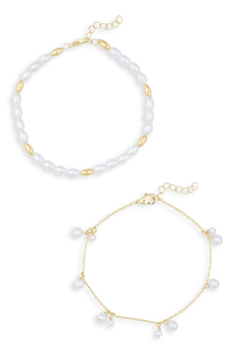 Demi Fine Set of 2 Faux Pearl Charm & Beaded Bracelets, Main, color, WHITE- GOLD