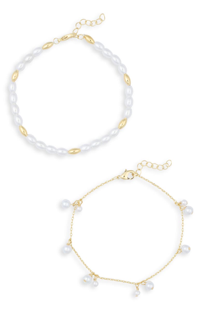 NORDSTROM RACK Demi Fine Set of 2 Faux Pearl Charm & Beaded Bracelets, Main, color, White- Gold