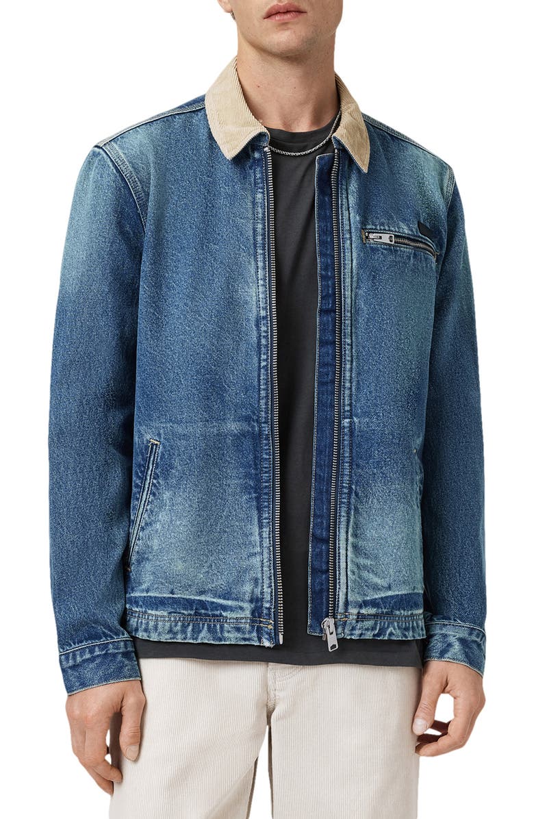 AllSaints Rothwell Zip Denim Jacket with Corduroy Collar, Alternate, color, Washed Indigo