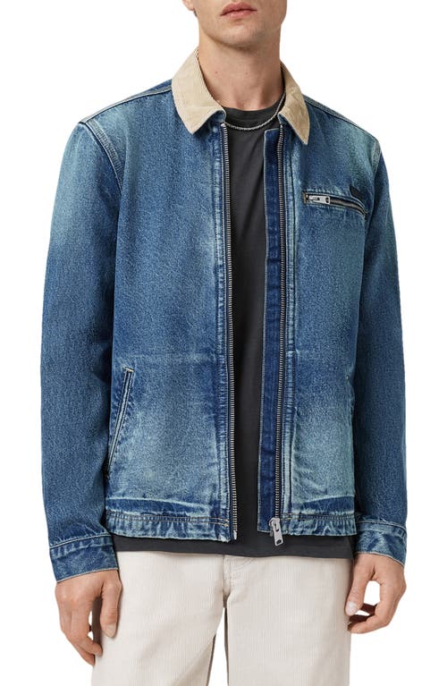 Allsaints Rothwell Zip Denim Jacket With Corduroy Collar In Blue