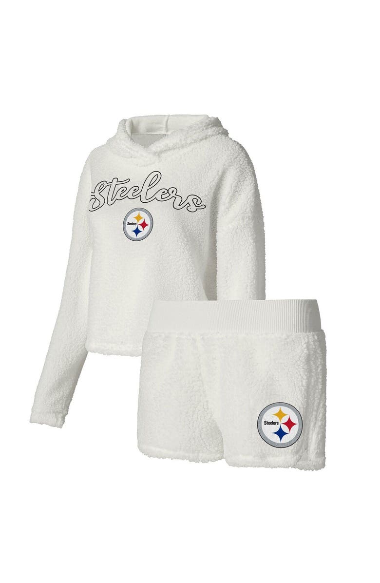 CONCEPTS SPORT Women's Concepts Sport  White Pittsburgh Steelers Fluffy Pullover Sweatshirt & Shorts Sleep Set, Main, color, 