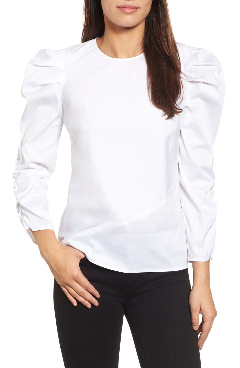 Halogen<sup>®</sup> Ruched Sleeve Poplin Top, Main, color,