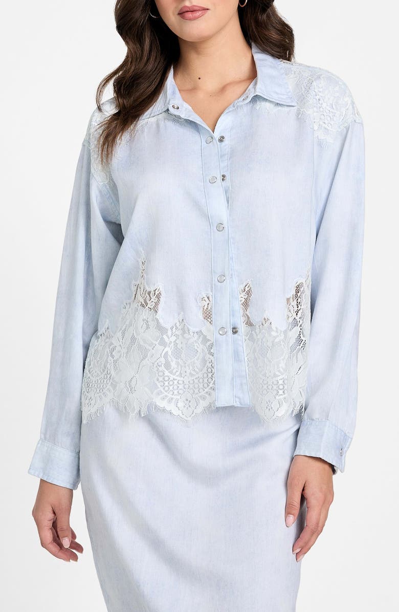 GUESS Evie Lace Trim Denim Shirt, Main, color, Nimbus Blue
