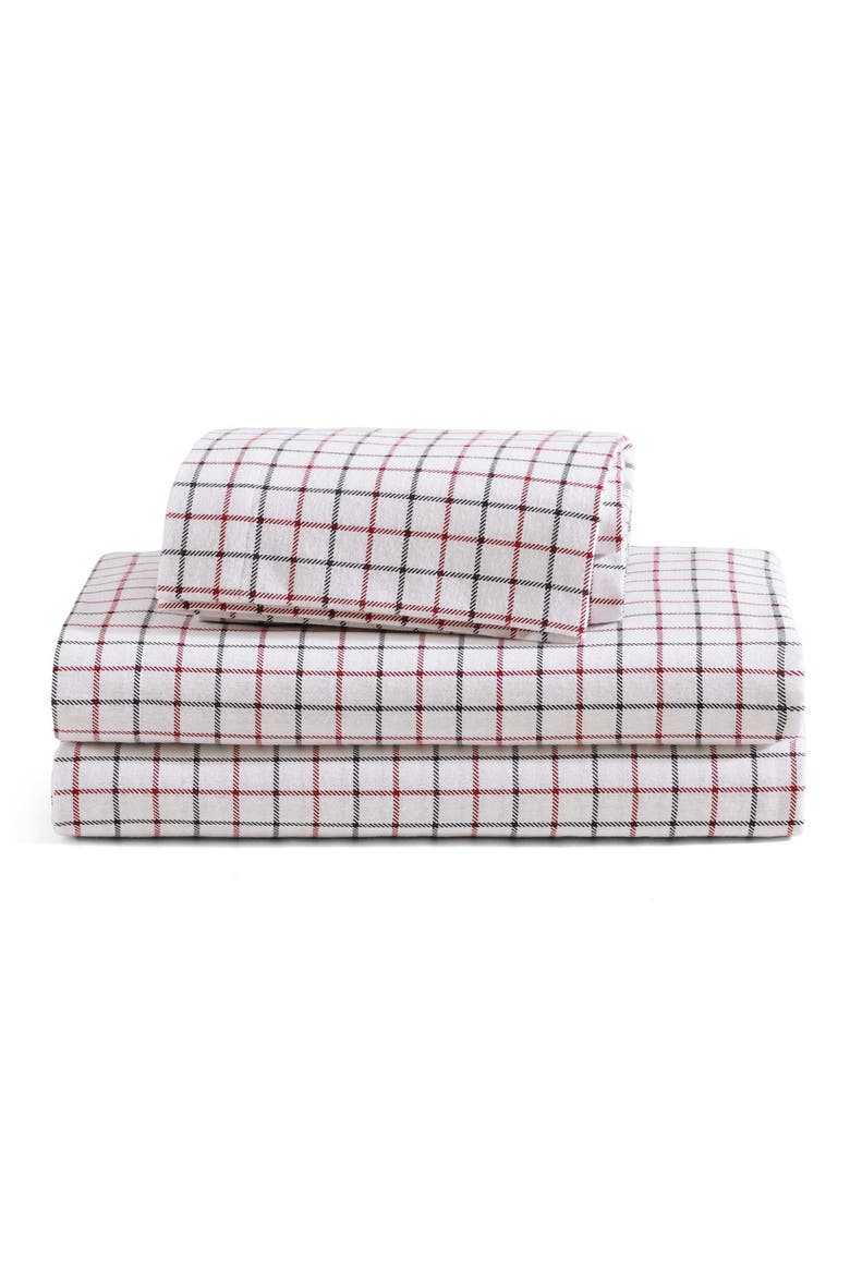 Tompkins Windowpane Cotton Flannel Sheet Set, Main, color, WHITE/ MEDIUM RED/ NAVY BLUE