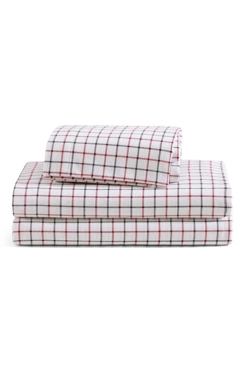 Tommy Hilfiger Tompkins Windowpane Cotton Flannel Sheet Set, Main, color, White/ Medium Red/ Navy Blue