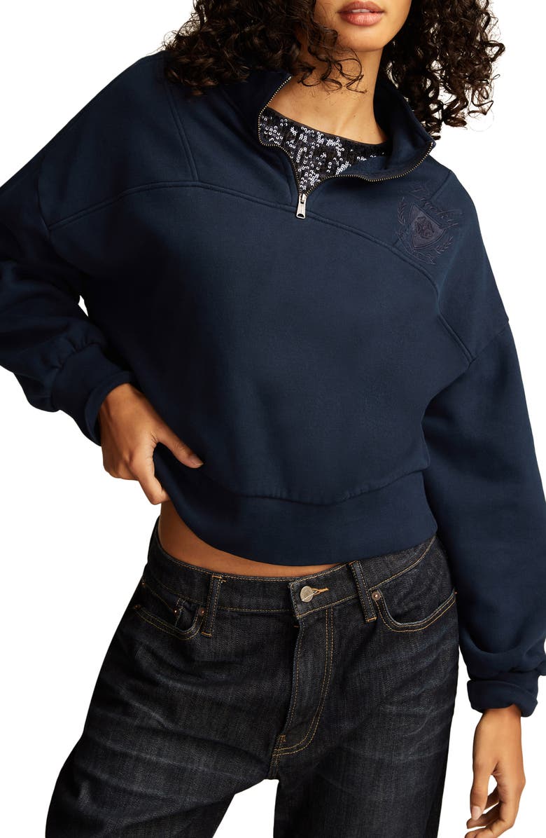 Lucky Brand Embroidered Quarter Zip Fleece, Main, color, Black Iris